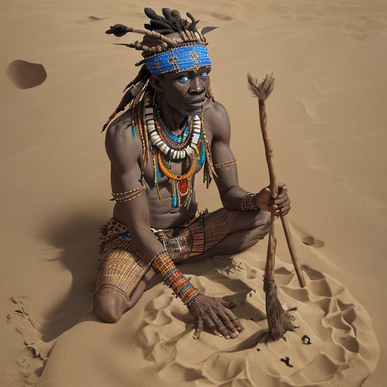 A shaman pokes holes in the sand