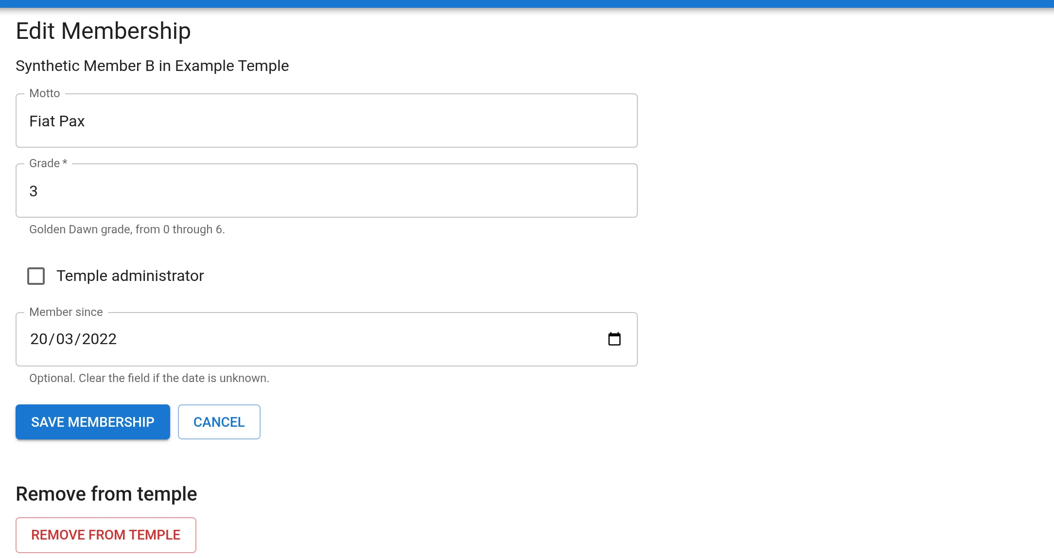 The Edit Membership form with fields for motto, grade, a temple administrator checkbox and the member-since date.