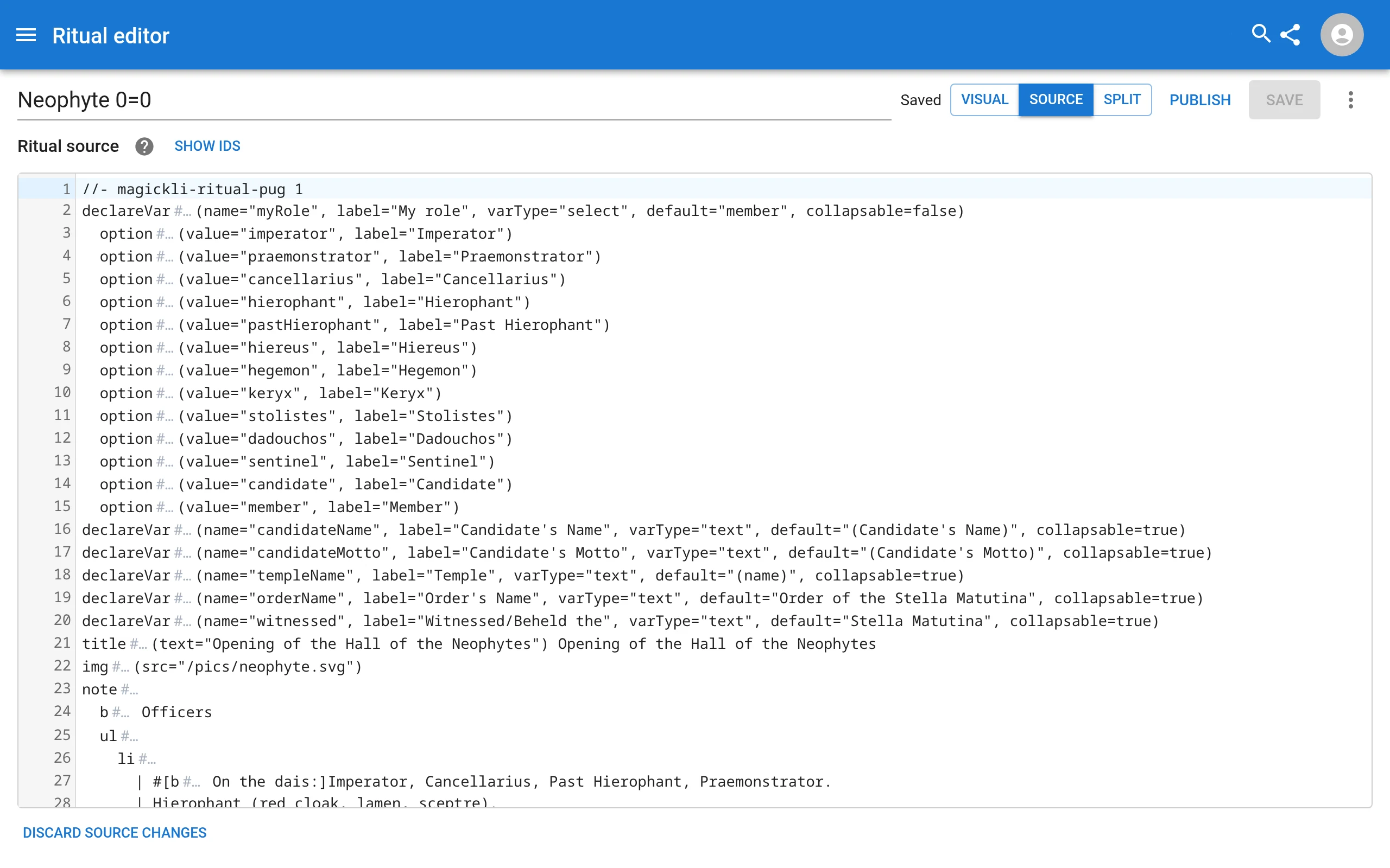 The ritual editor in source view: numbered Ritual Pug lines in a code editor.