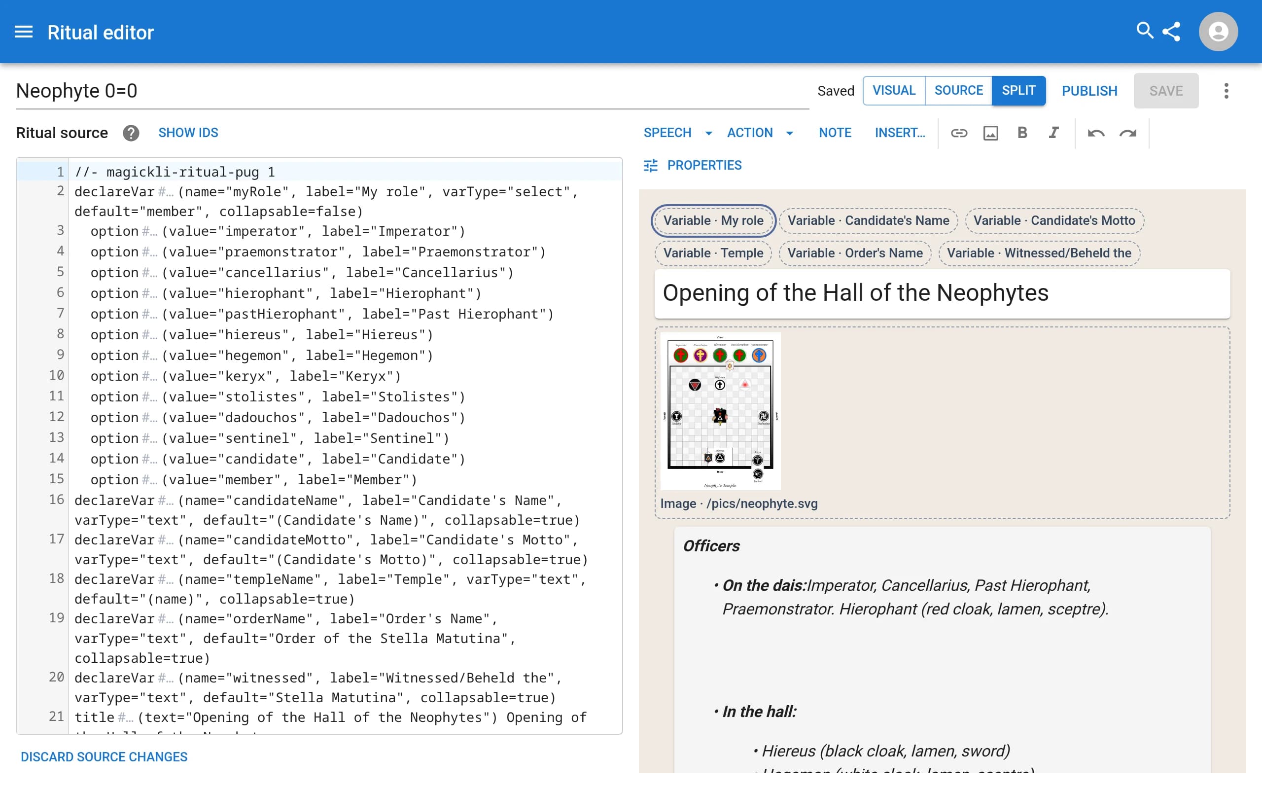 The ritual editor in split view: Ritual Pug source on the left and the visual editor on the right, with a Visual, Source and Split switch, and Publish and Save buttons.