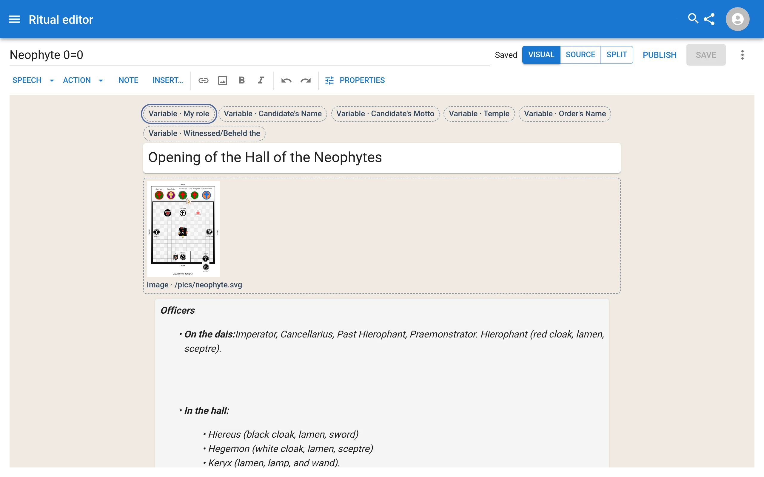The ritual editor in visual view, showing the ritual title, variables and an officers' note.