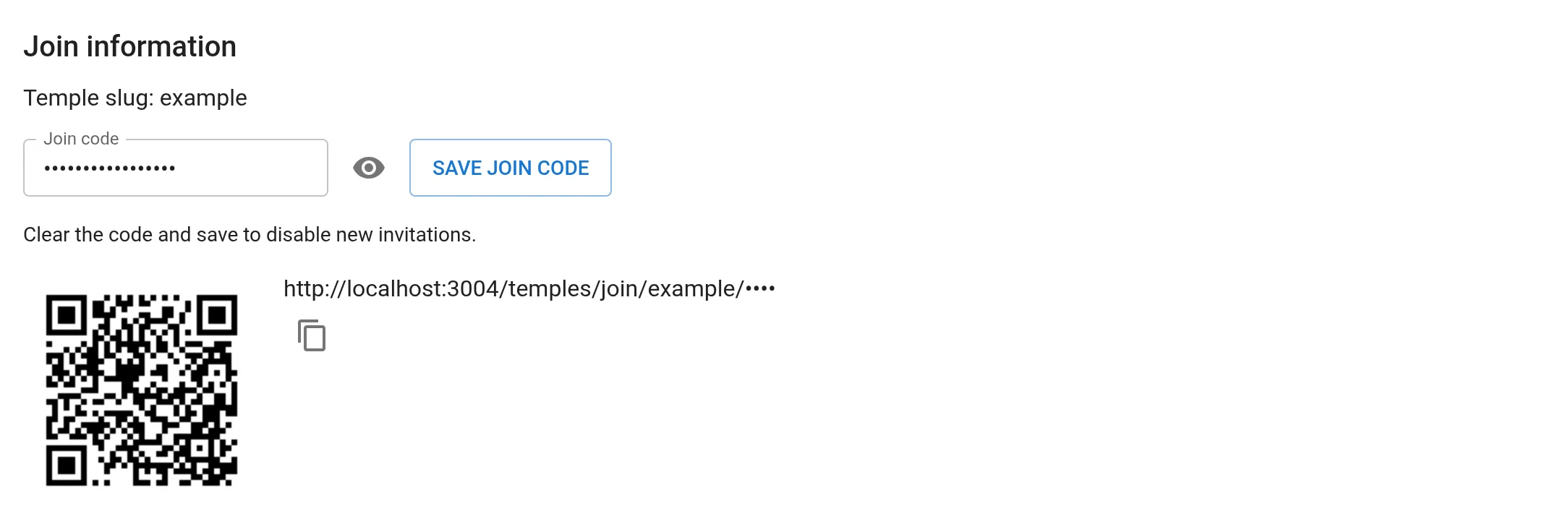 The join information panel: the temple slug, a masked join code with a show button and a Save join code button, and a QR code with a copy-link button.