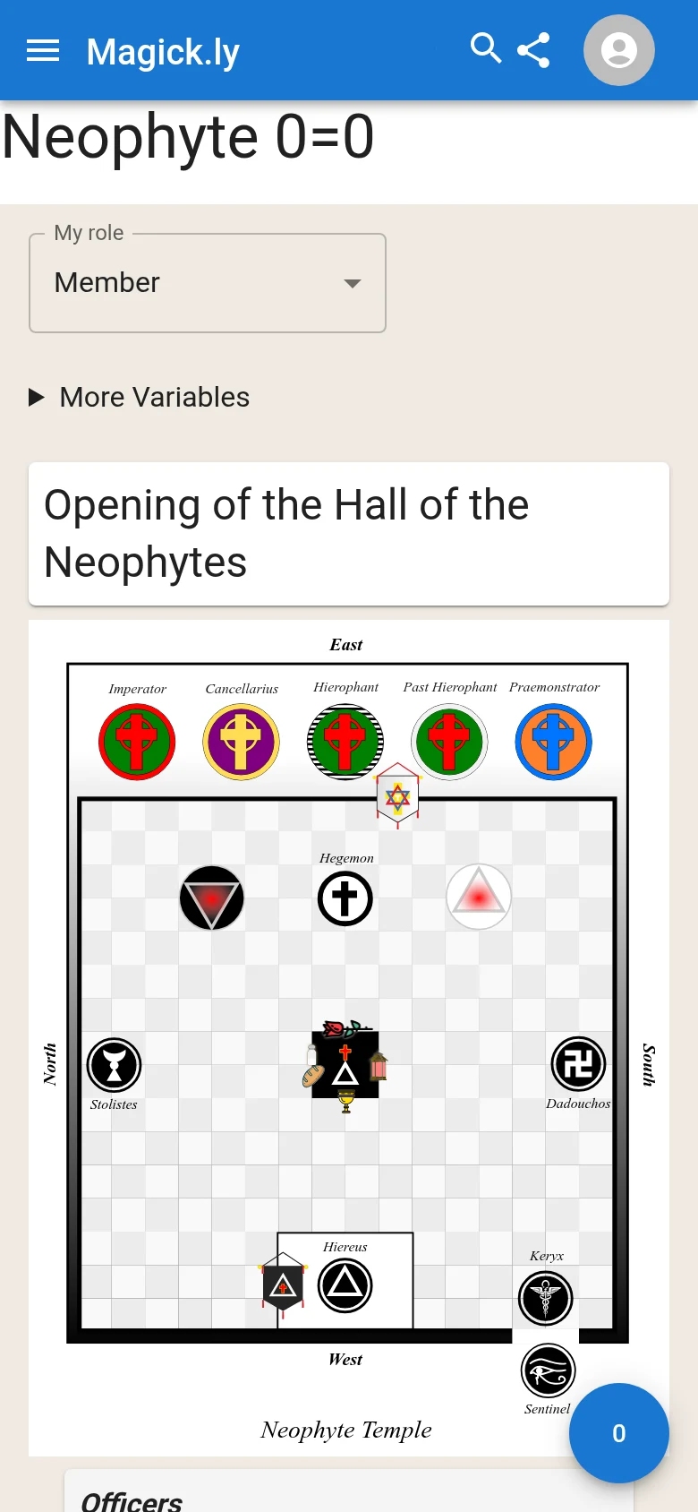 A temple ritual open on a phone: a title, then speech and action lines laid out in a single readable column.