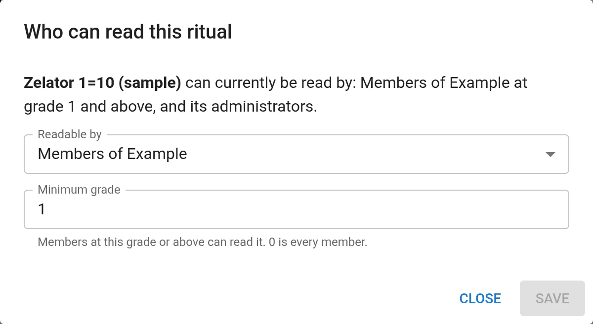 The Who can read this ritual dialog: the ritual is readable by members of the Example temple at grade 1 and above, with a Readable by menu, a Minimum grade field and Close and Save buttons.