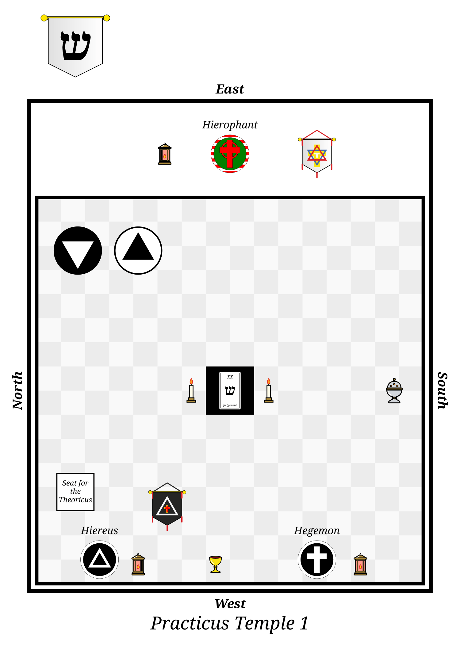 Floor plan of the Golden Dawn Practicus Temple, 31st path, East at the top, with the Hiereus, Hegemon and Hierophant; on the altar Judgement (XX).